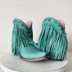 Lane Junk Gypsy Spitfire Fringe Cowboy Boots Turquoise Short Ankle Booties 5 New